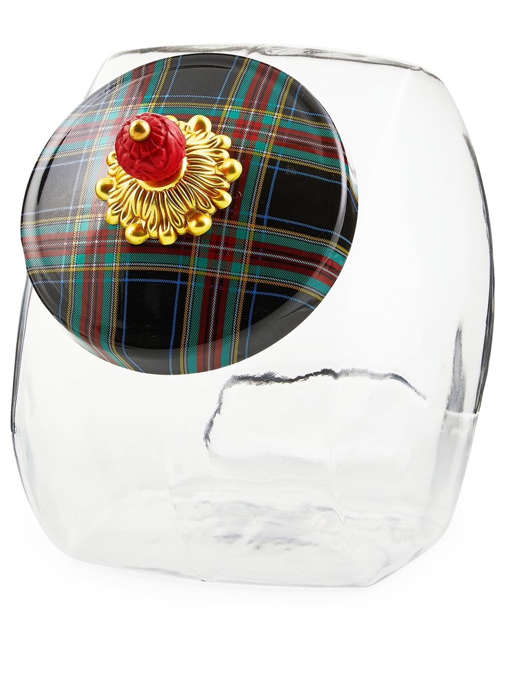 MacKenzie-Childs Clear Glass Jar with Tartan Lid, Red Finial & Gold Accent